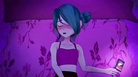 Meru the Succubus in bed, teal-haired anime girl in purple tank top holding phone