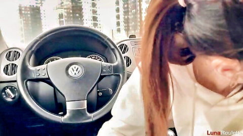Luna Roulette cute brunette teen close-up blowjob in car