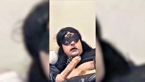 Vanessa the Undresser as curvy sissy with black lace mask deepthroats huge dildo POV