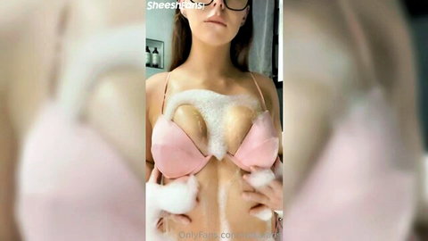 Mikafans soapy big boobs overflowing pink bra, oily tease