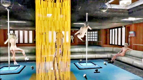 Sexy brunette in panties poses on pole in Fallout 4 anime style nude dance scene