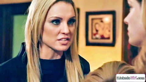 Intense blonde stepmom confronts stepdaughter in horny family scene