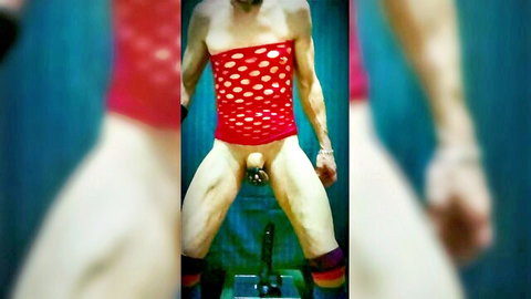 Sissy brunette with small tits squats on huge black dildo anal insertion in red fishnet top and rainbow socks