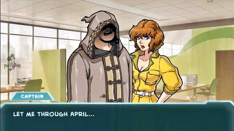 April O'Neil and hooded TMNT captain in Akabur's anime porn game scene