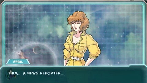 Animated redhead reporter April in yellow jumpsuit anime style