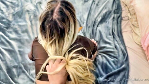 Ambie Bambi blonde ponytail babe in brown top on bed, teasing pose