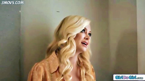 Blonde stepmom in blouse stares intensely in lesbian discipline scene