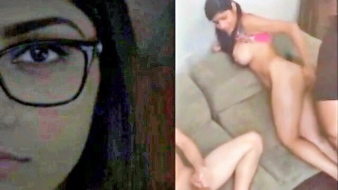 Mia Khalifa with glasses close-up and topless big ass spread on couch