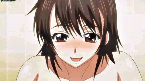 Blushing anime hentai brunette with huge tits smiling sensually in bathroom