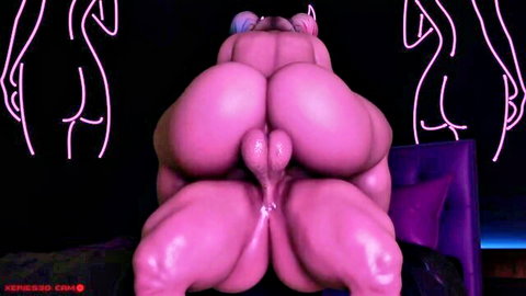 Pink futa with massive bubbly ass squats spreading cheeks exposing huge throbbing cock and balls on bed