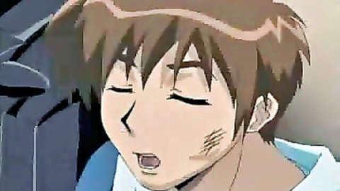 Anime boy with brown hair in ecstatic orgasm face close-up
