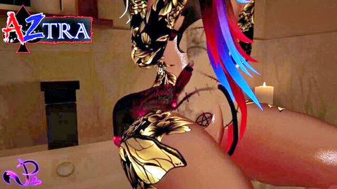 3D CGI fantasy babe with massive tits tattoos soaking nude in bathtub