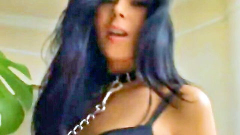 Submissive brunette with choker necklace in seductive pose, open mouth