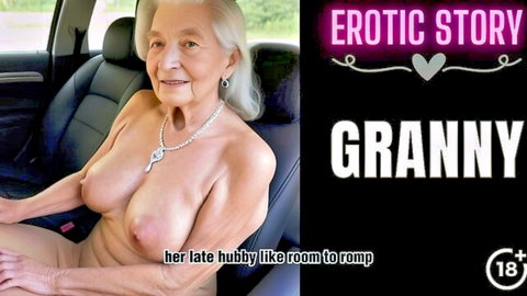 Old blonde granny topless in car, large sagging breasts and nipples exposed in erotic hitchhiker story