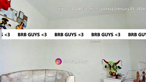 Empty cozy room with BRB guys stream overlay, Instagram @shena.nomy, and art tribute text