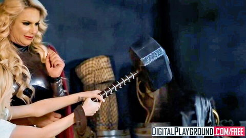 Blonde bombshell in latex Thor costume with hammer, sexy parody scene