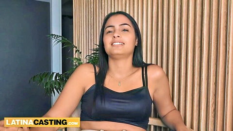 Hot Colombian teen smiling in black top for casting fame