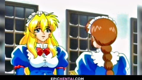 Blonde anime maid in blue uniform surprised by brunette in naughty hentai scene