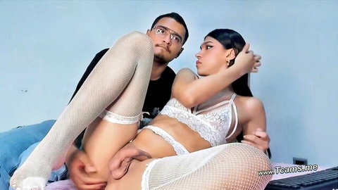 Transgirl in white lingerie and stockings gets her cock devoured by boyfriend