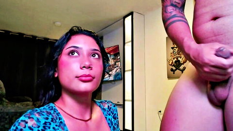 Hornygirl_20000 looks up at boyfriend's cock in Chaturbate couple camshow