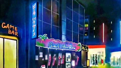 Neon-lit hentai Peach Pub game bar exterior at night with vibrant anime signs