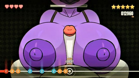 Purple hentai babe with massive exposed tits squeezing white dildo in deep cleavage