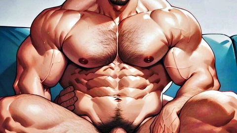 Hairy muscular mature man nude, exposing thick cock and balls
