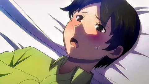 Shocked anime male patient blushing on bed in hentai nurse ball-kick scene