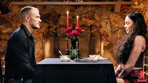 Lucia in romantic domination dinner scene with handsome man, Kink.com