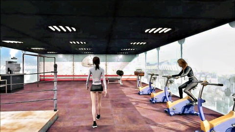Cute brunette in sexy Fallout 4 sportswear at hentai anime gym club