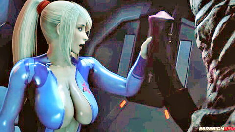 Blonde ponytail hentai babe in shiny blue latex suit holds massive black alien cock