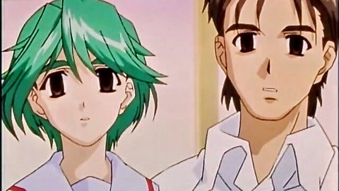 Cute green-haired anime schoolgirl in uniform next to handsome boy classmate hentai style