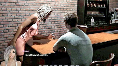 Blonde in tight pink dress leaning over bar counter flirting seductively with seated guy