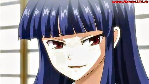 Seductive purple-haired anime hentai girl smirking with red eyes closeup
