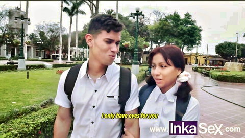 Latina schoolgirl in uniform flirts with boyfriend in park, InkaSex tease