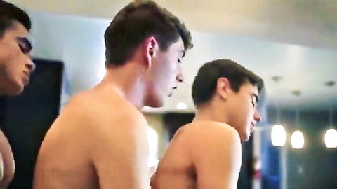 Young skinny brunette gay twinks nude from behind in locker room showing small asses