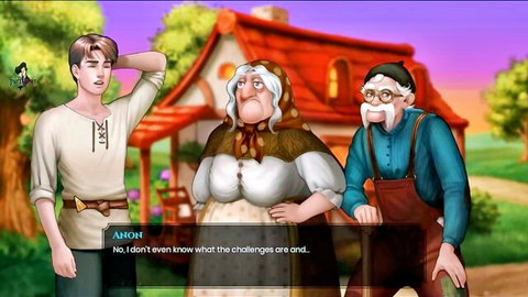 Hentai farm scene with young man and elderly couple discussing challenges