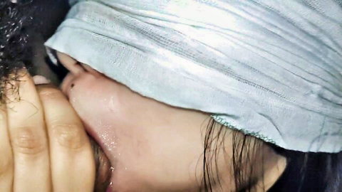 Angel Devlin blindfolded performing intense blowjob close-up