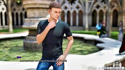 Young man in black shirt pondering courtyard encounter in Lust Academy with Kortney Kane & Lolly Small