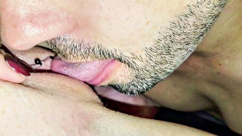Bearded man licks MILF pussy in intense close-up oral sex