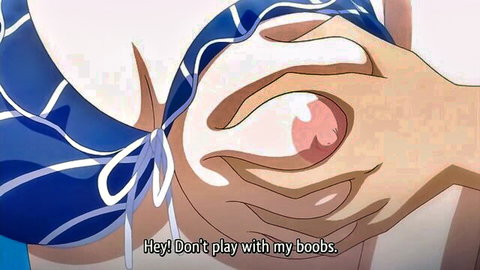 Blonde hentai teen in swimsuit groped on big boobs by hand
