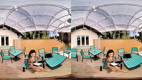 Gianna Dior sitting barefoot outdoors reading in VR porn thumbnail