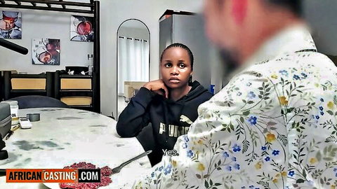 Busty ebony teen in hoodie during amateur casting POV interview