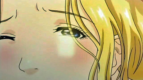 Cute blonde anime girl winking playfully with blushing cheeks and big eyes