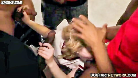 Petite blonde surrounded by black men with huge BBCs grabbing her in rough interracial gangbang