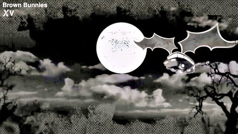 Spooky Halloween Brown Bunnies promo graphic with full moon bats and dark clouds