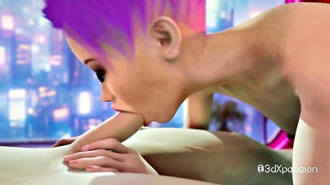 3D purple mohawk babe deepthroats thick cock with hand grip beside another girl in neon city