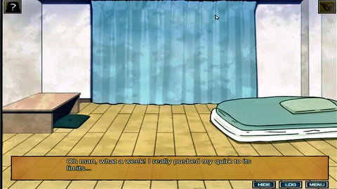 Hentai visual novel bedroom scene with blue curtains bed and tough week dialogue
