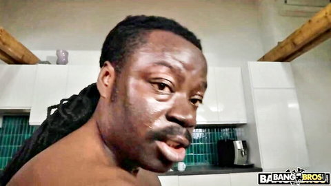 Black stud with dreads in kitchen preview for Isabella Lapiedra's Monsters of Cock scene