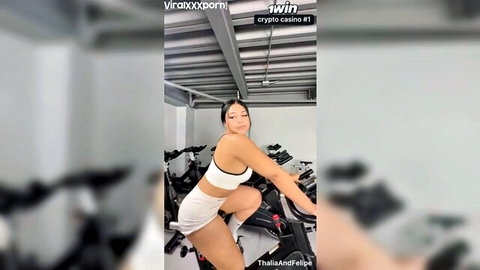 Colombian fitness babe teases in tight white sports bra and shorts at gym